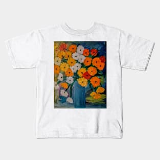 Some abstract flowers red and orange and white flowers in a glass vase Kids T-Shirt